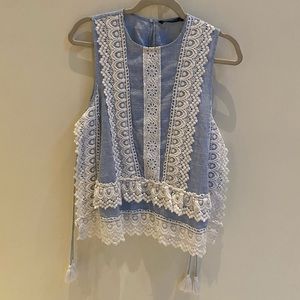 NWOT | Zara | Cotton & Lace Boho Top| Light Blue with White Details | Size M